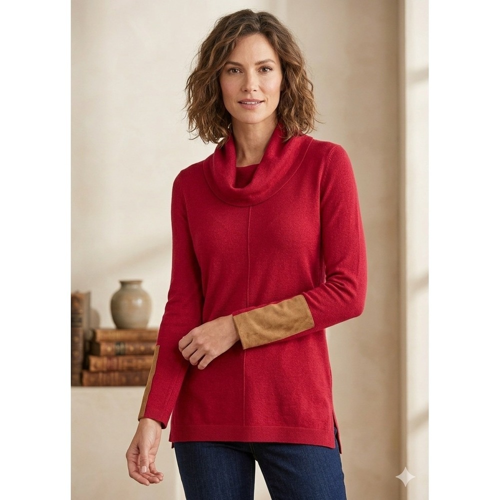 Tyler Boe Cowl Neck Sweater Women XS Red Suede Elbow Patch Tunic